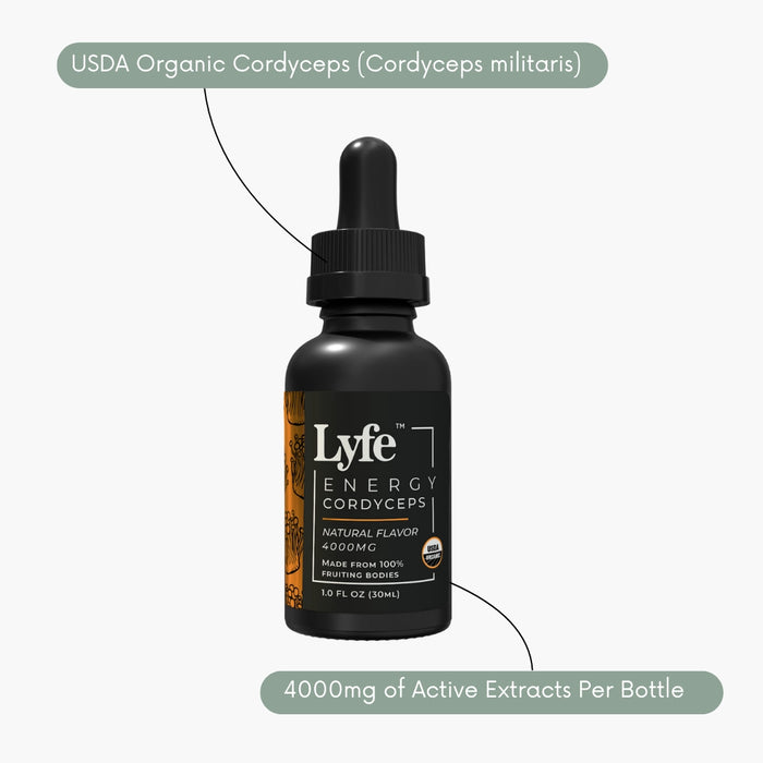 Lyfe Functional mushroom tincture 
organic tincture for Energy, cordyceps.
Natural flavor 30ml, 4000mg.