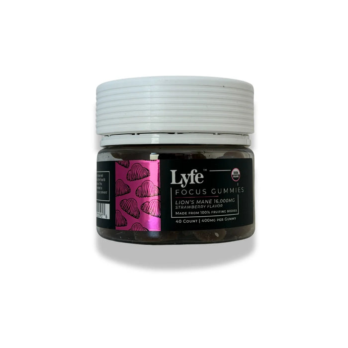 Lyfe Focus Gummies with Lion’s Mane and strawberry flavor on white background.