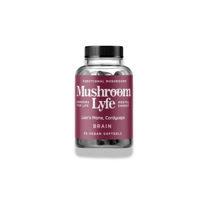 Mushroom Lyfe Brain softgels featuring Lion’s Mane and Cordyceps for cognitive clarity and mental energy