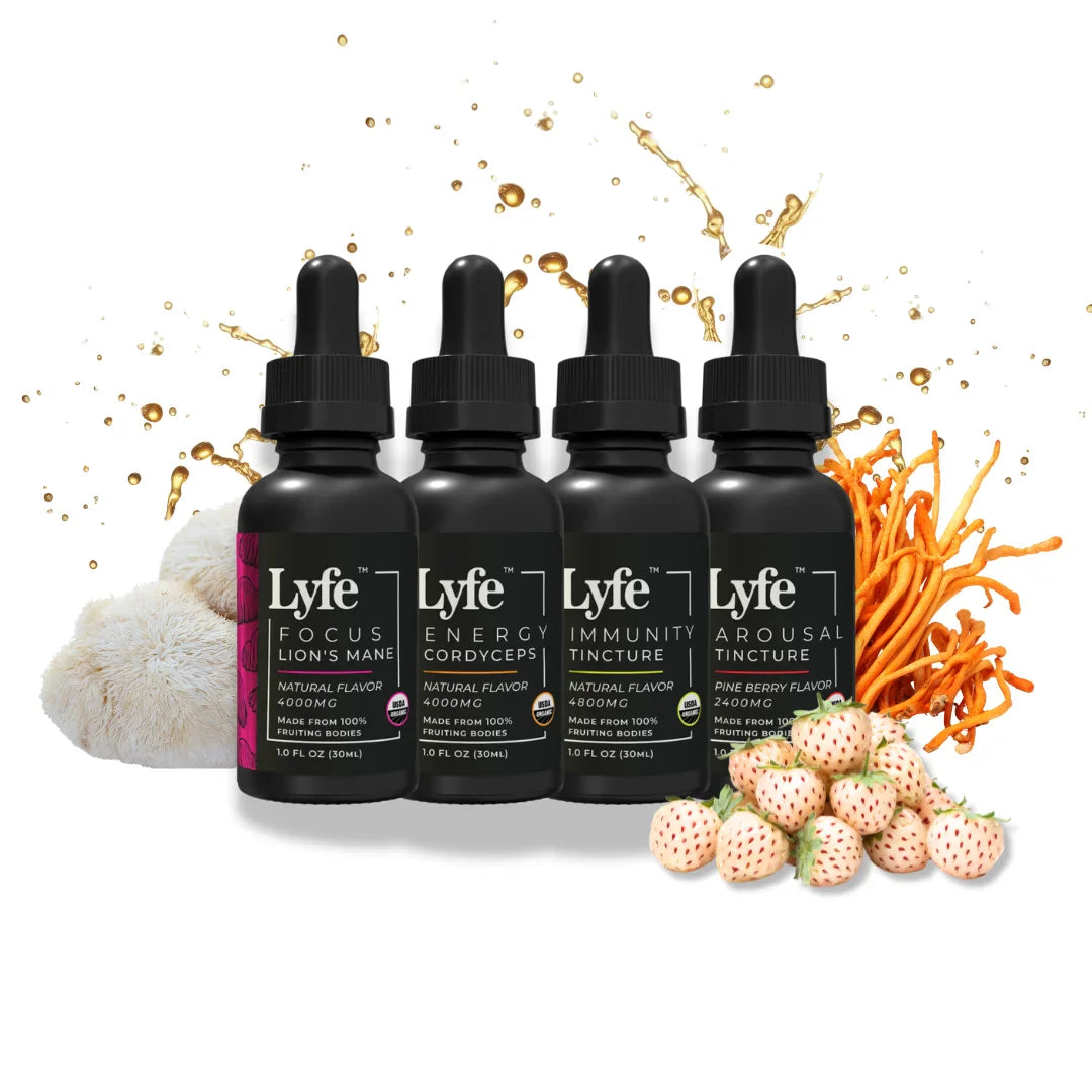 3 bottles of Lyfe™ Functional Mushroom Tinctures—Mood, Brain, and Immunity blend—crafted for daily wellness and cognitive support.