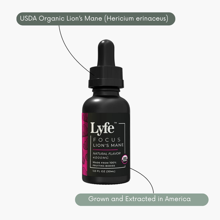 Lyfe Functional mushroom tincture 
organic for focus, lion's mane mushroom