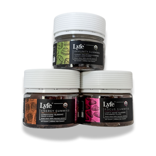 Stacked view of Lyfe mushroom gummies for immunity, energy, and focus.

