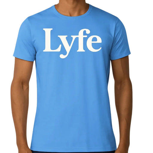 Front of blue Lyfe shirt with clean white logo.