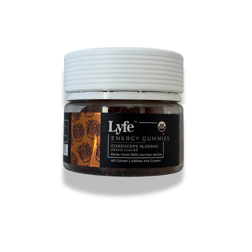 Lyfe Energy Gummies with Cordyceps and peach flavor on white background.
