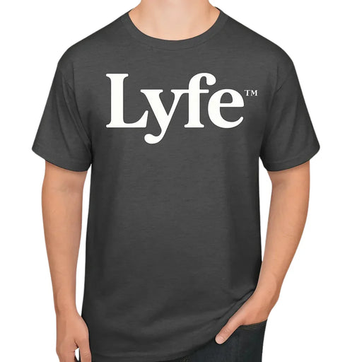 ront of charcoal grey Lyfe shirt with bold white logo.