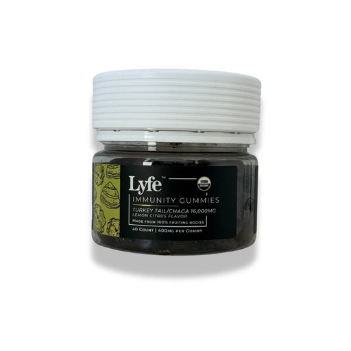 Lyfe Immunity Gummies with Turkey Tail, Chaga, and lemon citrus flavor on white background with shadow.