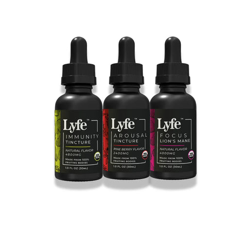 Lyfe tincture trio for immunity, arousal, and focus with USDA organic label on white background.