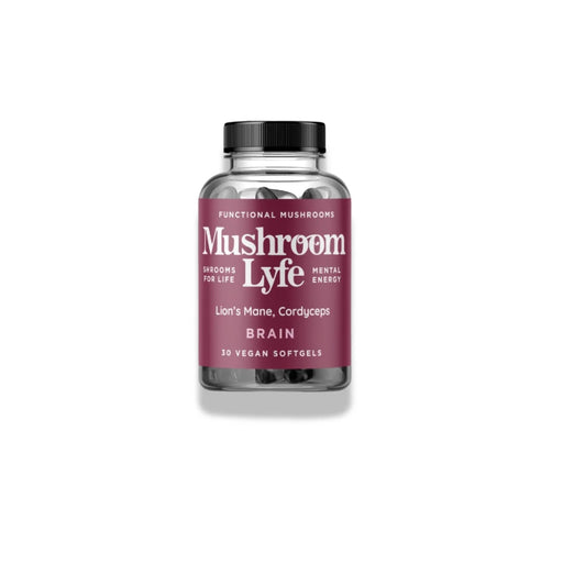 Mushroom Lyfe Brain softgels featuring Lion’s Mane and Cordyceps for cognitive clarity and mental energy
