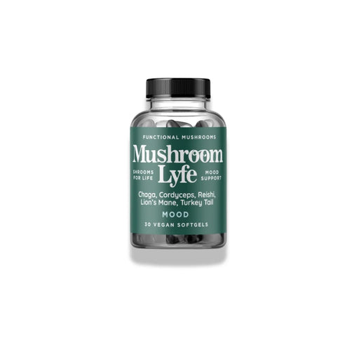 Mushroom Lyfe Mood softgels with a blend of Chaga, Cordyceps, Reishi, Lion’s Mane, and Turkey Tail to support emotional balance