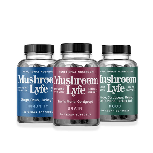 Mushroom Lyfe supplement trio pack—Immunity, Brain, and Mood functional mushroom softgels