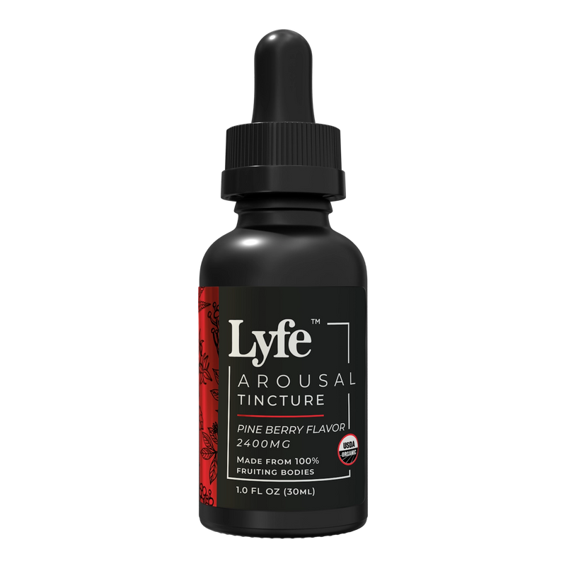 Lyfe Functional mushroom tincture 
organic tincture for arousal. Pine Berry Flavor. 