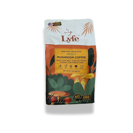 Decaf mushroom coffee blend from Functional Lyfe with adaptogenic mushrooms.