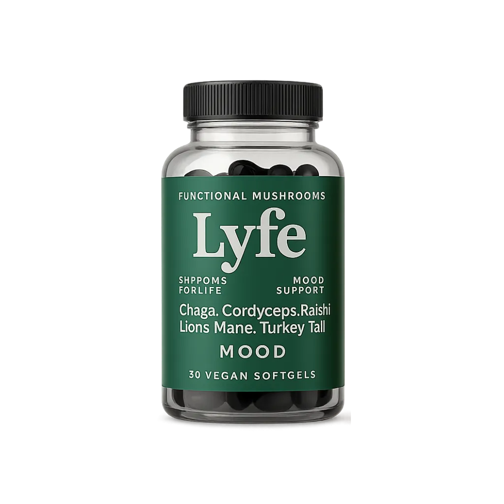 Lyfe Mood Functional Mushroom Vegan Softgels with Chaga, Cordyceps, Reishi, Lion’s Mane, and Turkey Tail – 30 Vegan Capsules for Mood and Stress Support